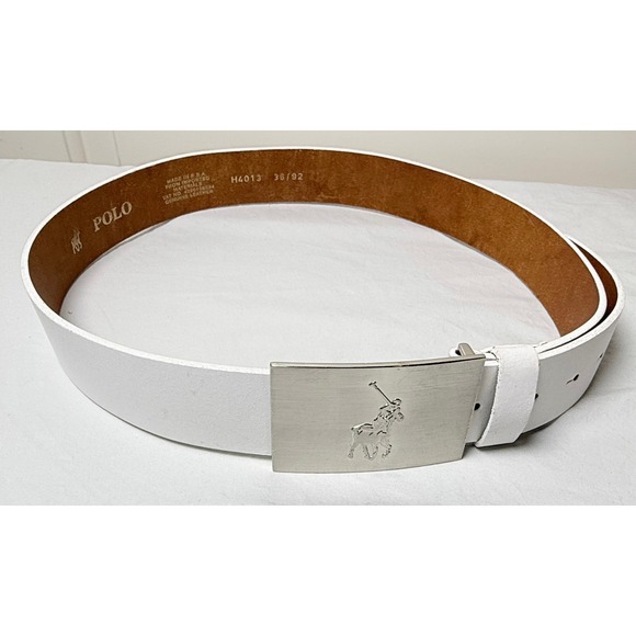 Polo Ralph Lauren Leather‎ Belt Women 36 White Good Silver Pony Plaque H4013 main image 6